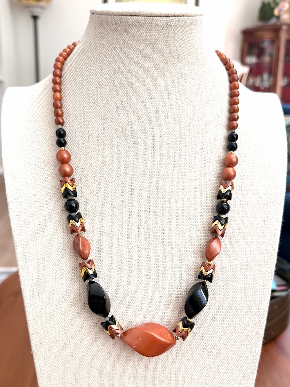 Vintage Bronze Black Acrylic Beaded Necklace Chevron Statement 24.5”